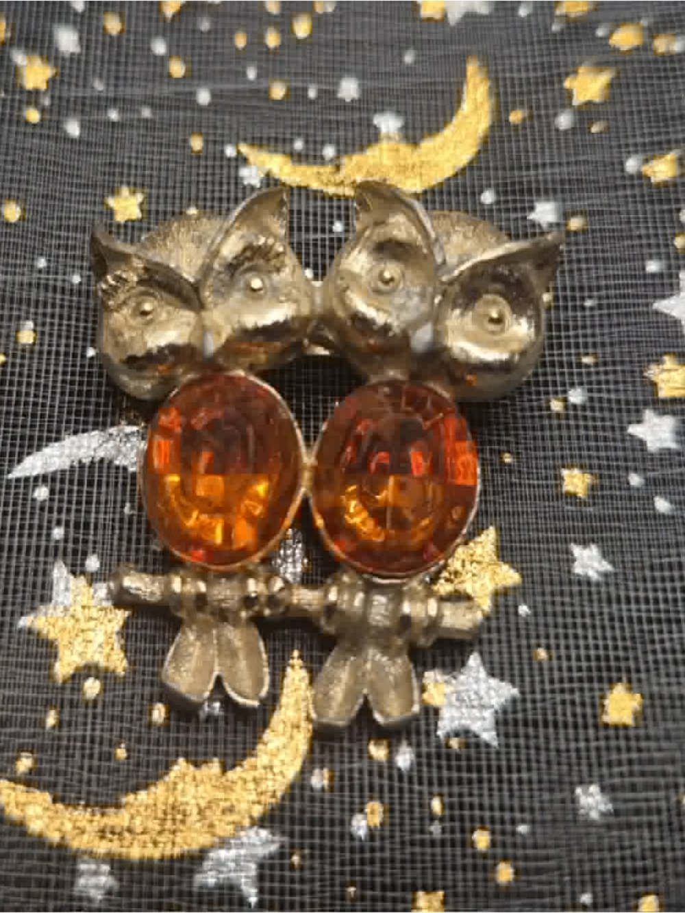 MCM Owl Pair Jewelry - Vintage Gold Owls Brooch with Amber Gemstone Jelly Belly